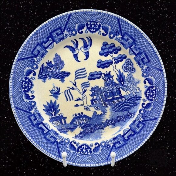 Vintage BLUE WILLOW Luncheon PLATE Set 3 Cobalt Blue Ceramic Japanese 9”W - Picture 10 of 10